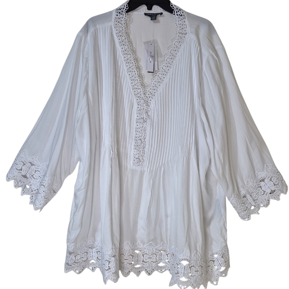 Chelsea & Theodore Knot Front, Lace, Flowy Blouse Plus